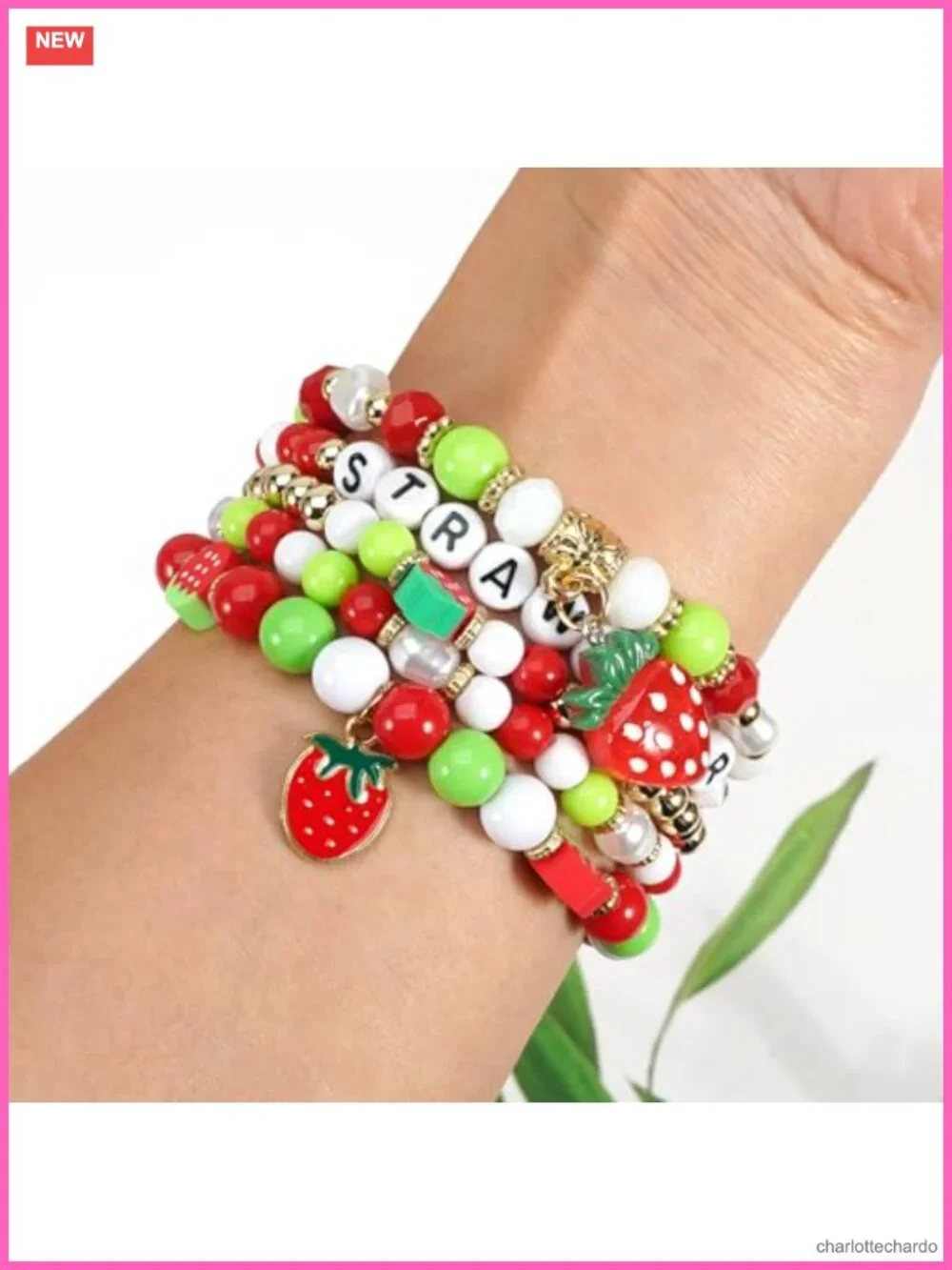 Pearl Heishi Beaded Stretch Bracelet Stackable Boho Strawberry Charms